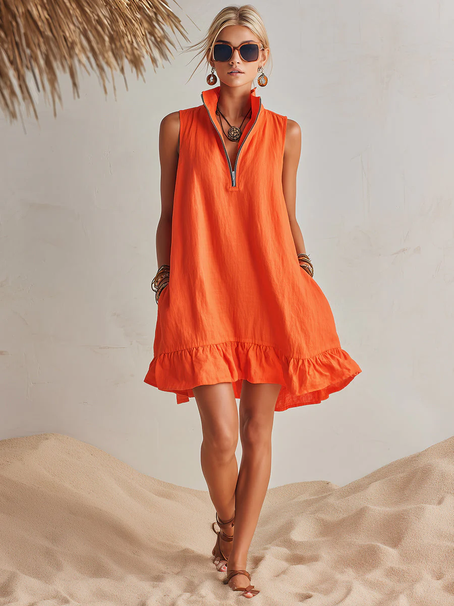 Helles Orange Leinen Halb-Reißverschluss Mini-Kleid mit Rüschensaum und Stehkragen - Image 8