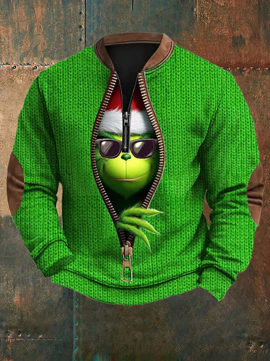 Herren Lustiger Klassischer Weihnachtscharakter Druck Freizeit Reißverschluss Kragen Sweatshirt