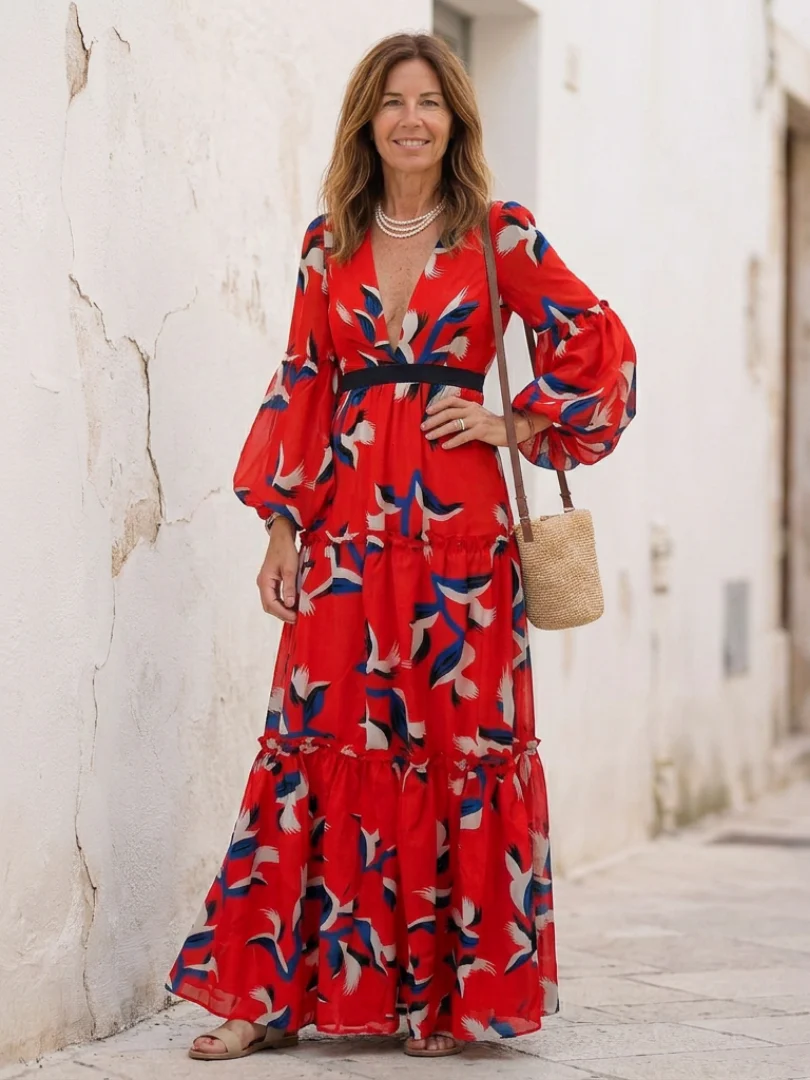 Isolde | V-Ausschnitt Bindegürtel Langarm Maxikleid - Image 8
