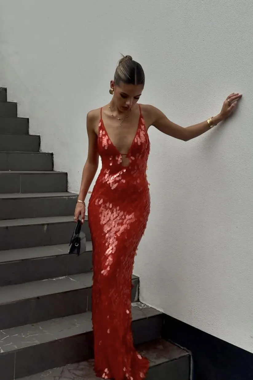 Kalea - Glitzer Pailletten Rückenfreies Trägerkleid