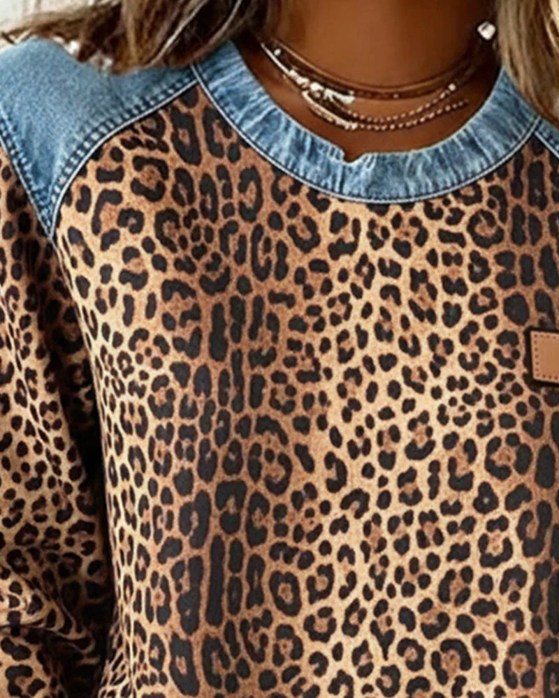 Leopardenmuster Denim Patchwork Pullover - Image 2
