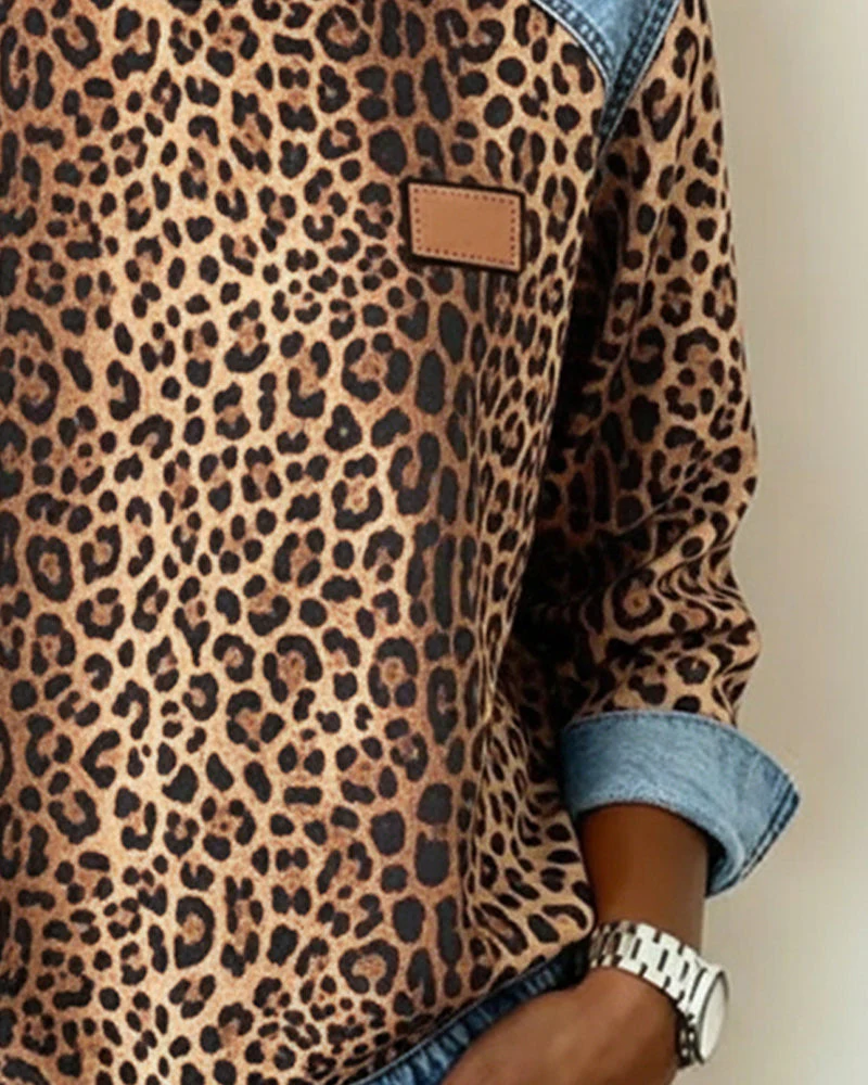 Leopardenmuster Denim Patchwork Pullover - Image 3
