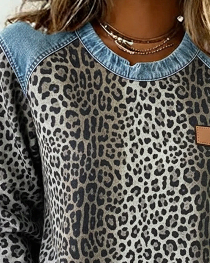 Leopardenmuster Denim Patchwork Pullover - Image 5