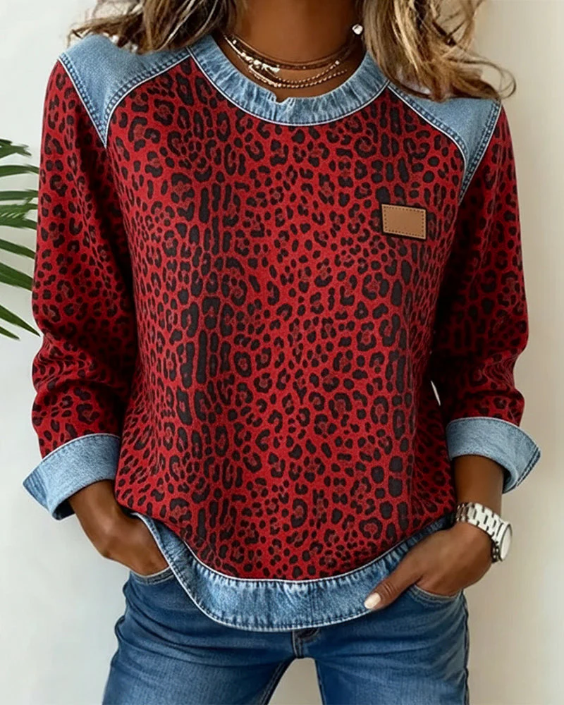 Leopardenmuster Denim Patchwork Pullover - Image 7