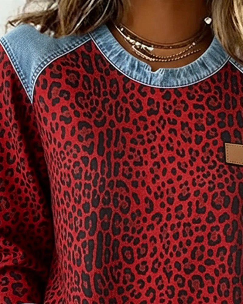 Leopardenmuster Denim Patchwork Pullover - Image 8