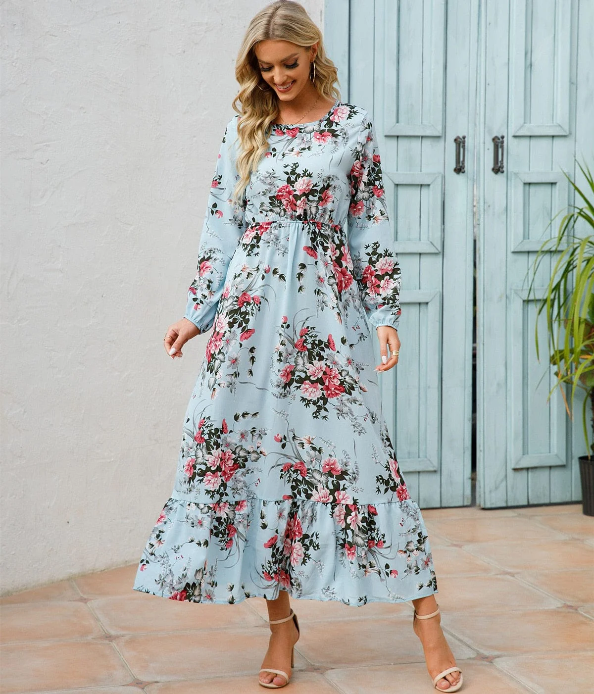 Loua™ Hellblaue Sommerliche Ibiza Kleid mit Blumenmuster