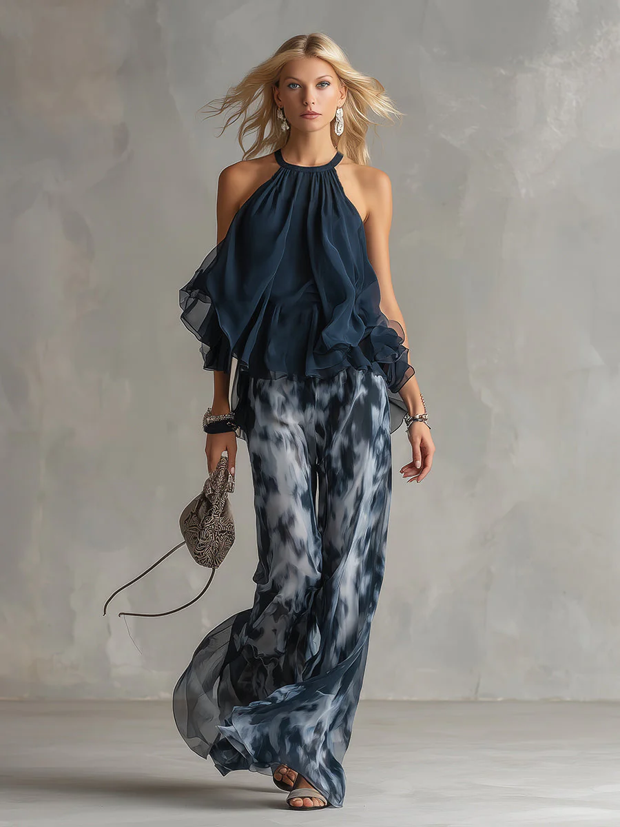 Ludovica – Schickes Ensemble mit hochgeschlossenem Blusenshirt und fließenden bedruckten Hosen - Image 2