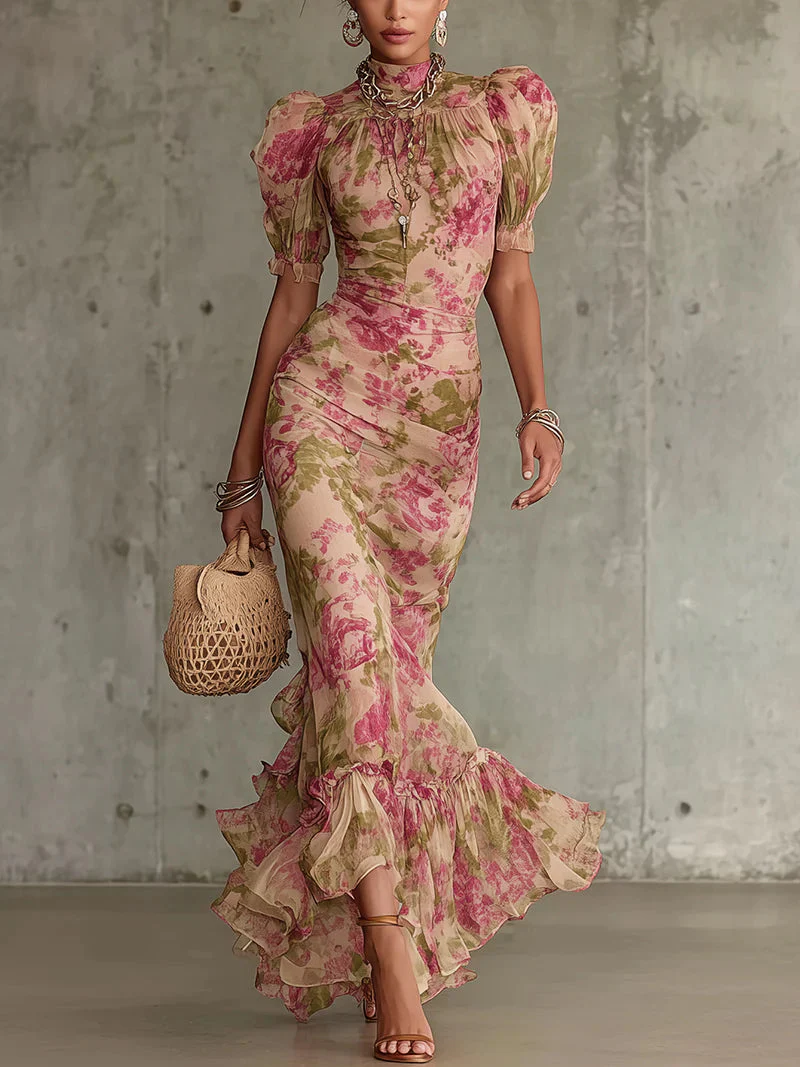 Mae | Retro Floral Puff Sleeve Maxi Kleid