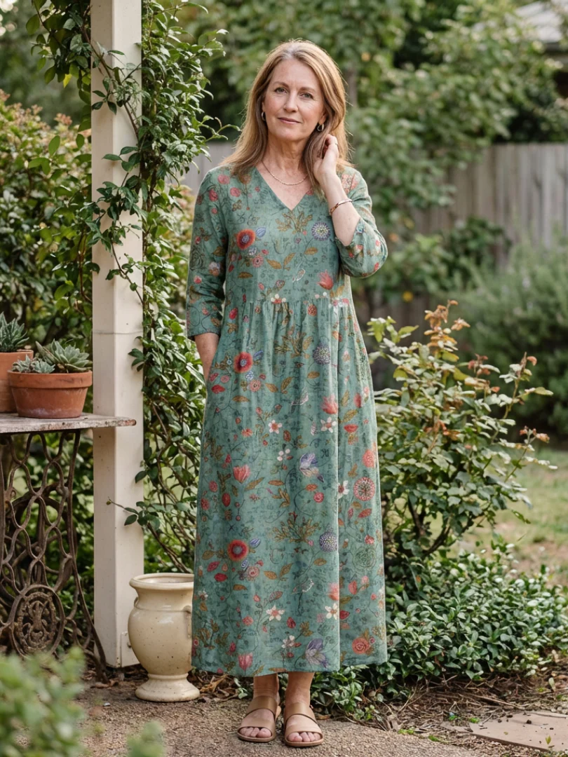 Marina | Floral V-Ausschnitt Maxikleid mit Dreiviertelärmeln - Image 6