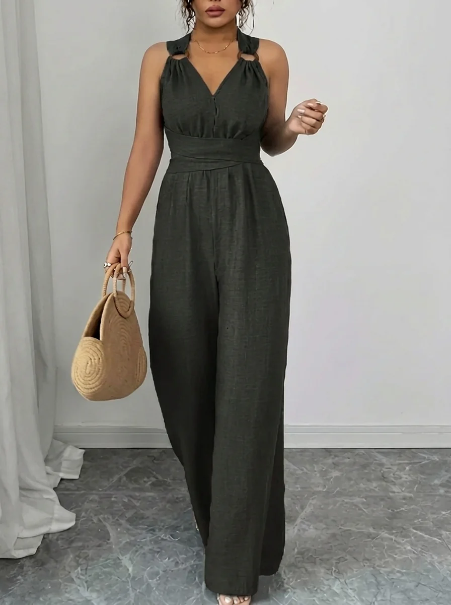 MARYAM™ - Einfarbiger Spitzenoberteil & Jumpsuit Ensemble mit Taschen