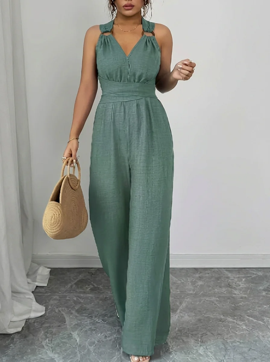 MARYAM™ - Einfarbiger Spitzenoberteil & Jumpsuit Ensemble mit Taschen - Image 4
