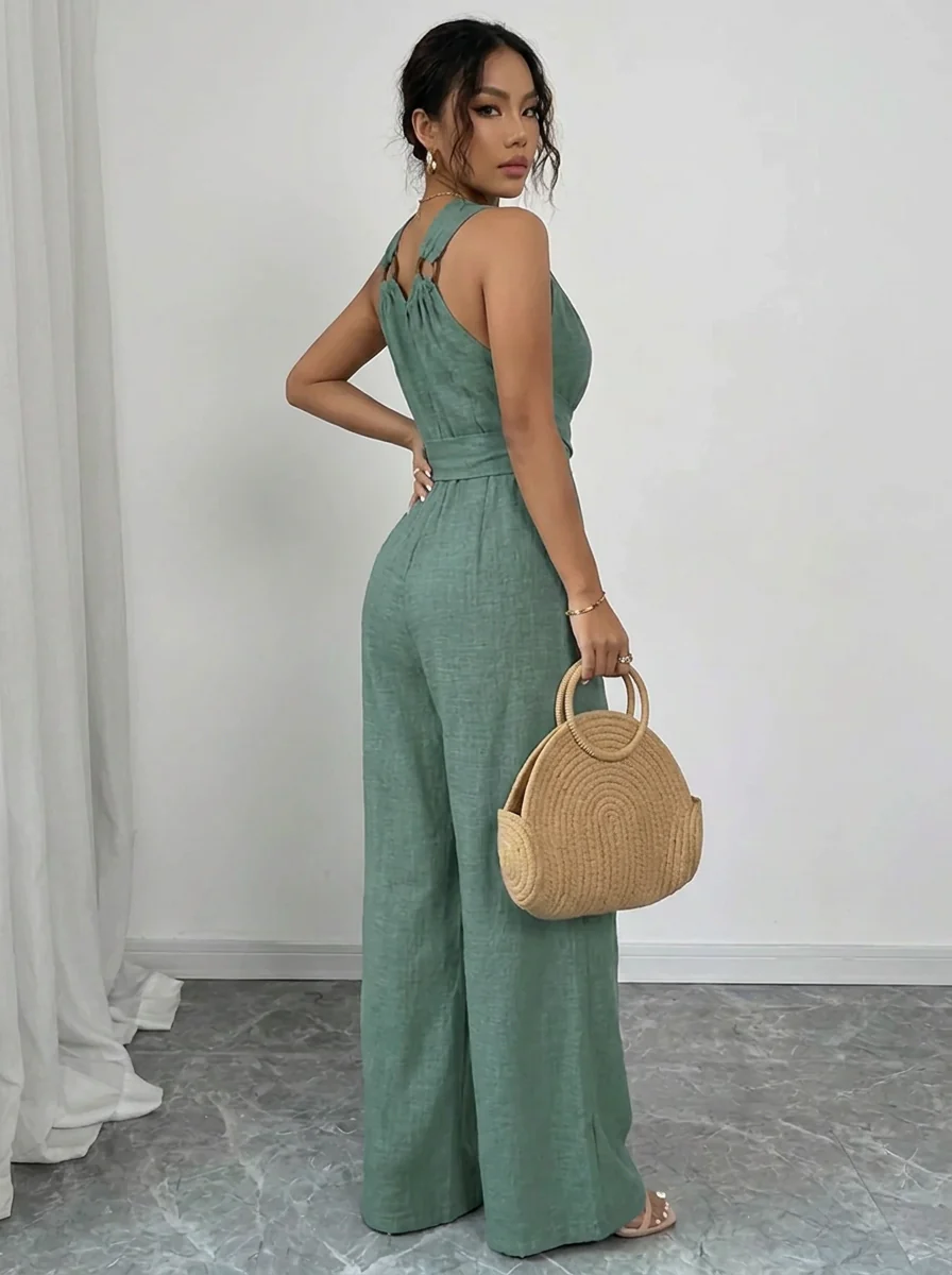 MARYAM™ - Einfarbiger Spitzenoberteil & Jumpsuit Ensemble mit Taschen - Image 5