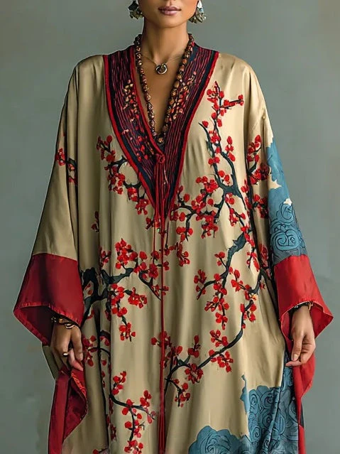 Maxi-Kleid mit Fledermausärmeln und japanischem Rot-Pflaumenblüten-Druck - Image 2