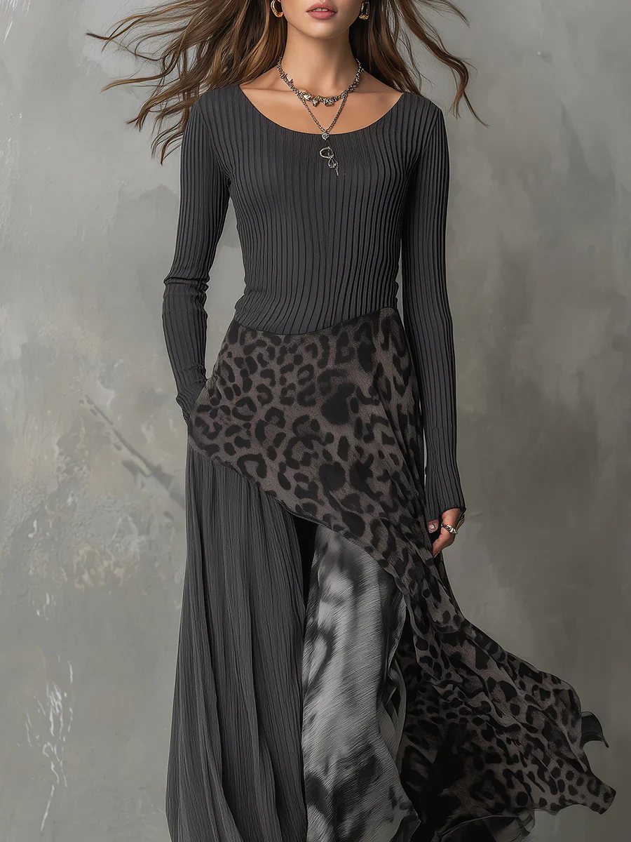 Maxi-Kleid mit grauen Streifen und Leopardenmuster, unregelmäßiger Saum - Image 3