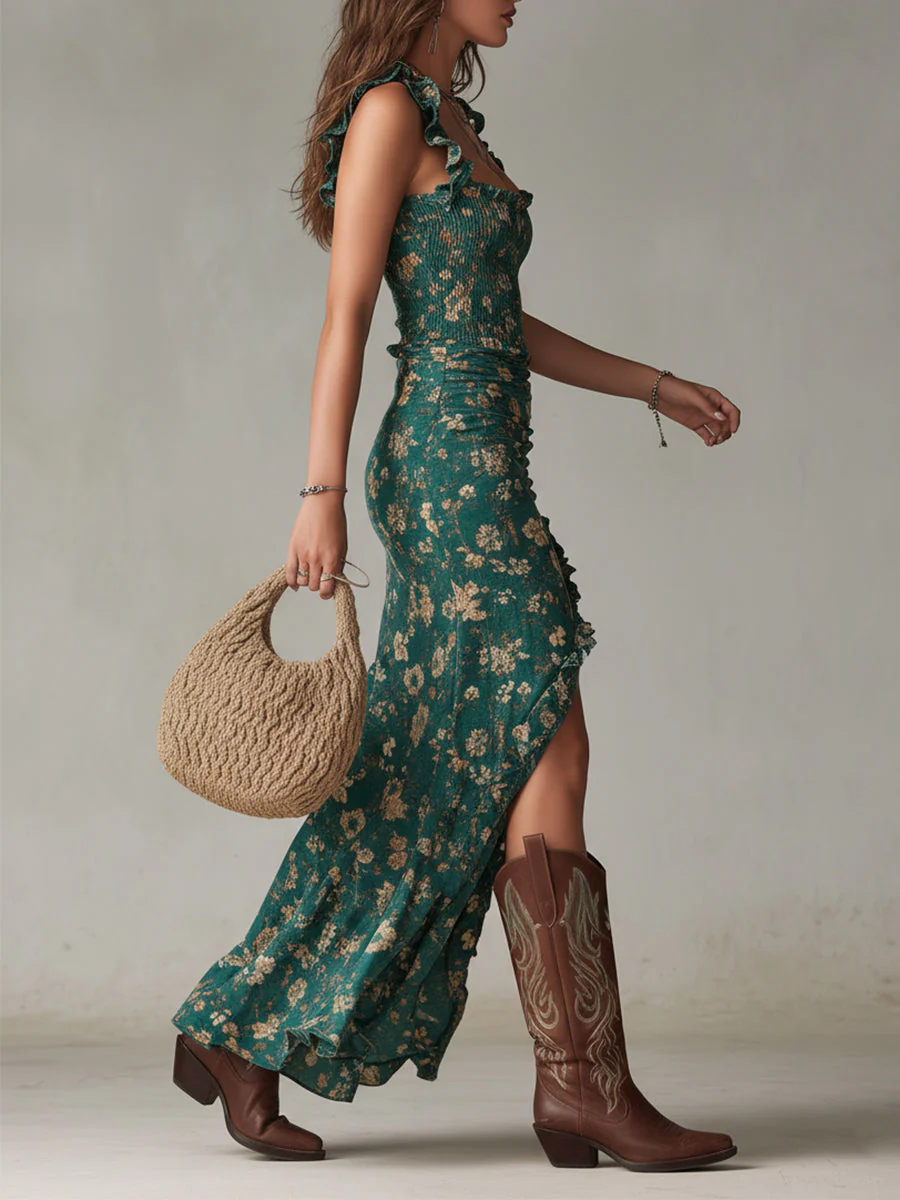 Maya™ | Boho Retro Rüschensleeves Maxikleid mit hohem Schlitz - Image 2