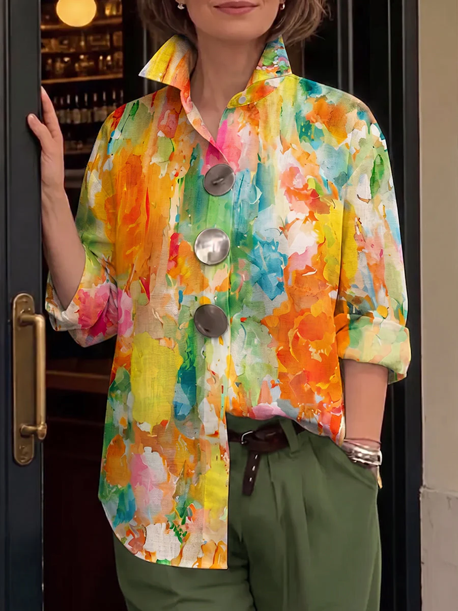 Metal-Button-Shirt mit künstlerischem Aquarell-Palette-Druck