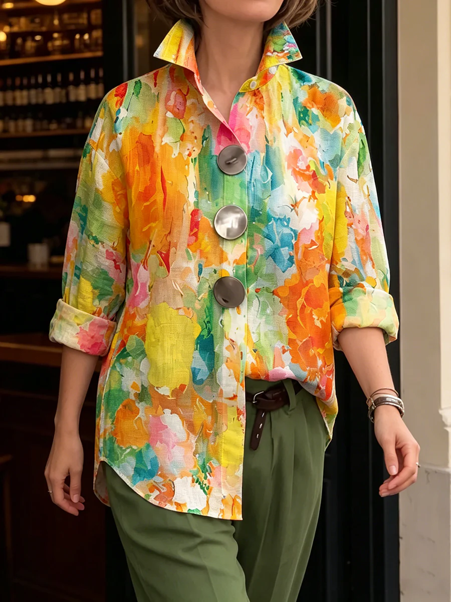 Metal-Button-Shirt mit künstlerischem Aquarell-Palette-Druck - Image 3