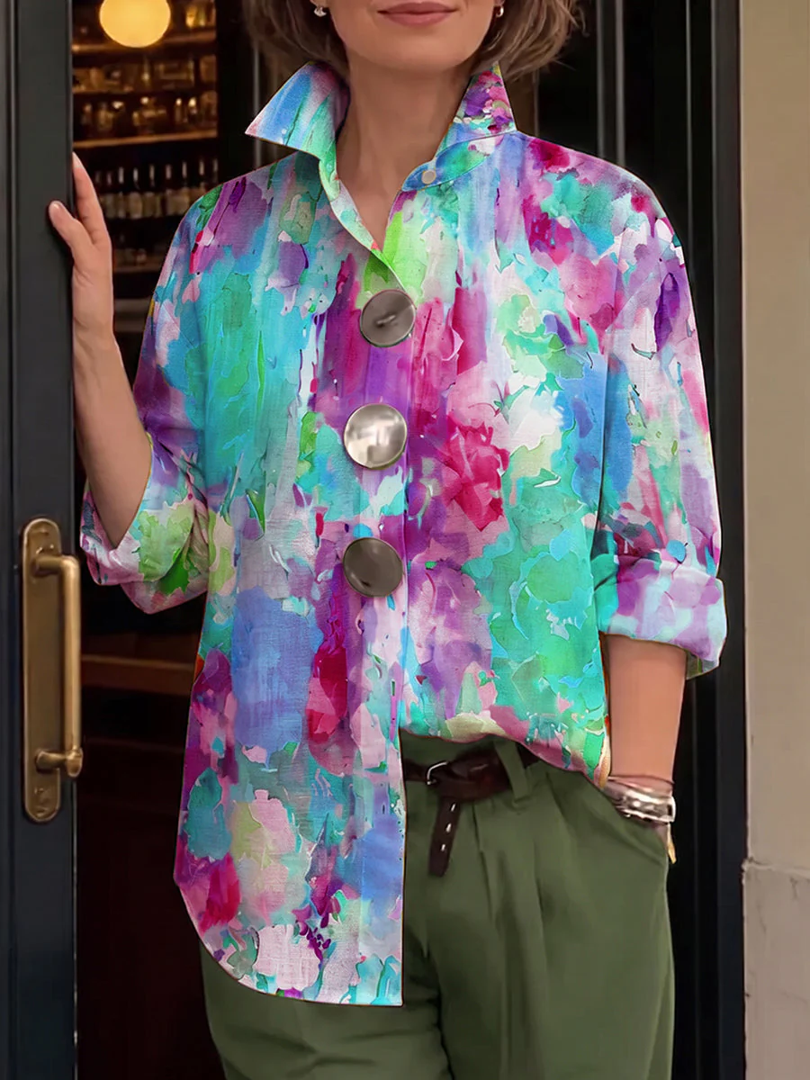 Metal-Button-Shirt mit künstlerischem Aquarell-Palette-Druck - Image 4