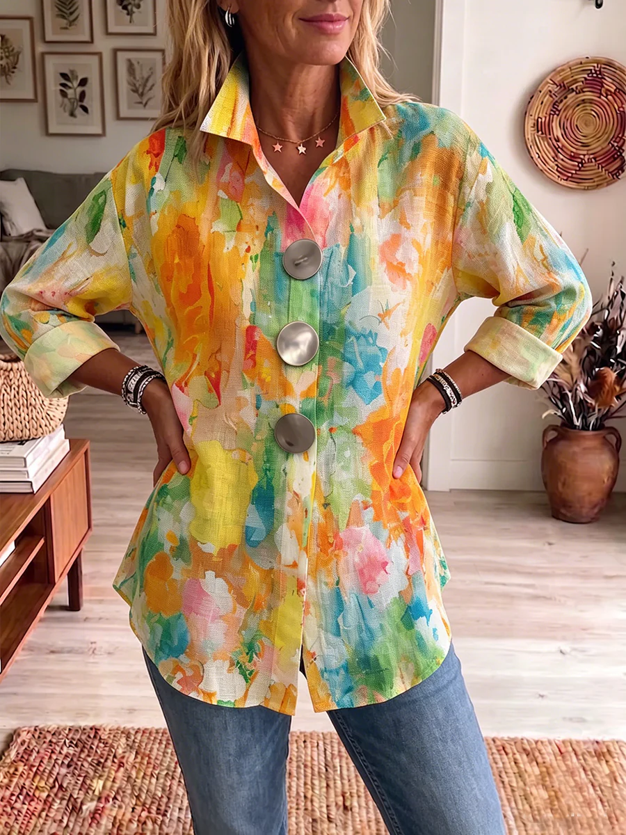 Metal-Button-Shirt mit künstlerischem Aquarell-Palette-Druck - Image 6
