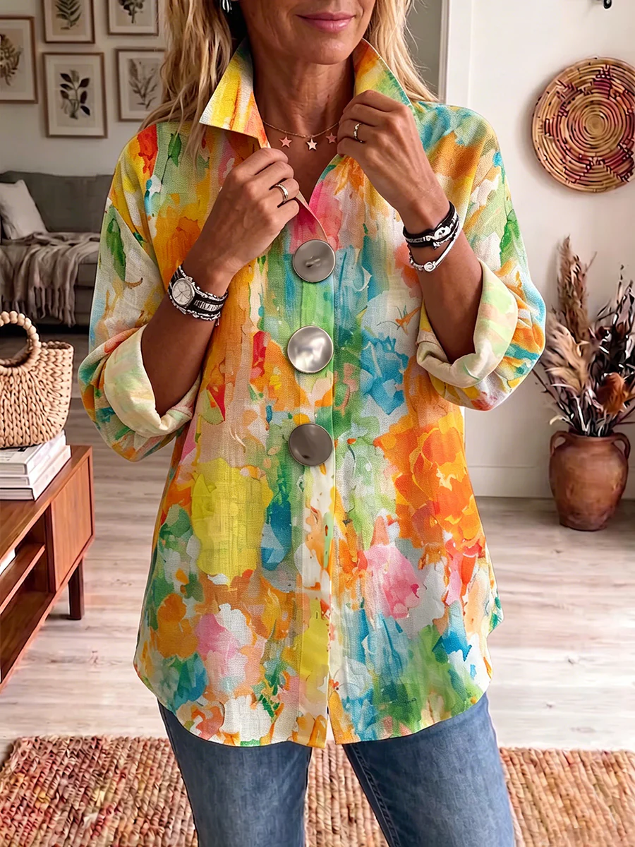 Metal-Button-Shirt mit künstlerischem Aquarell-Palette-Druck - Image 7