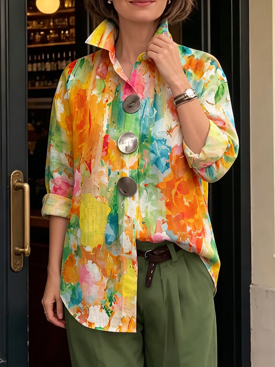Metal-Button-Shirt mit künstlerischem Aquarell-Palette-Druck - Image 8
