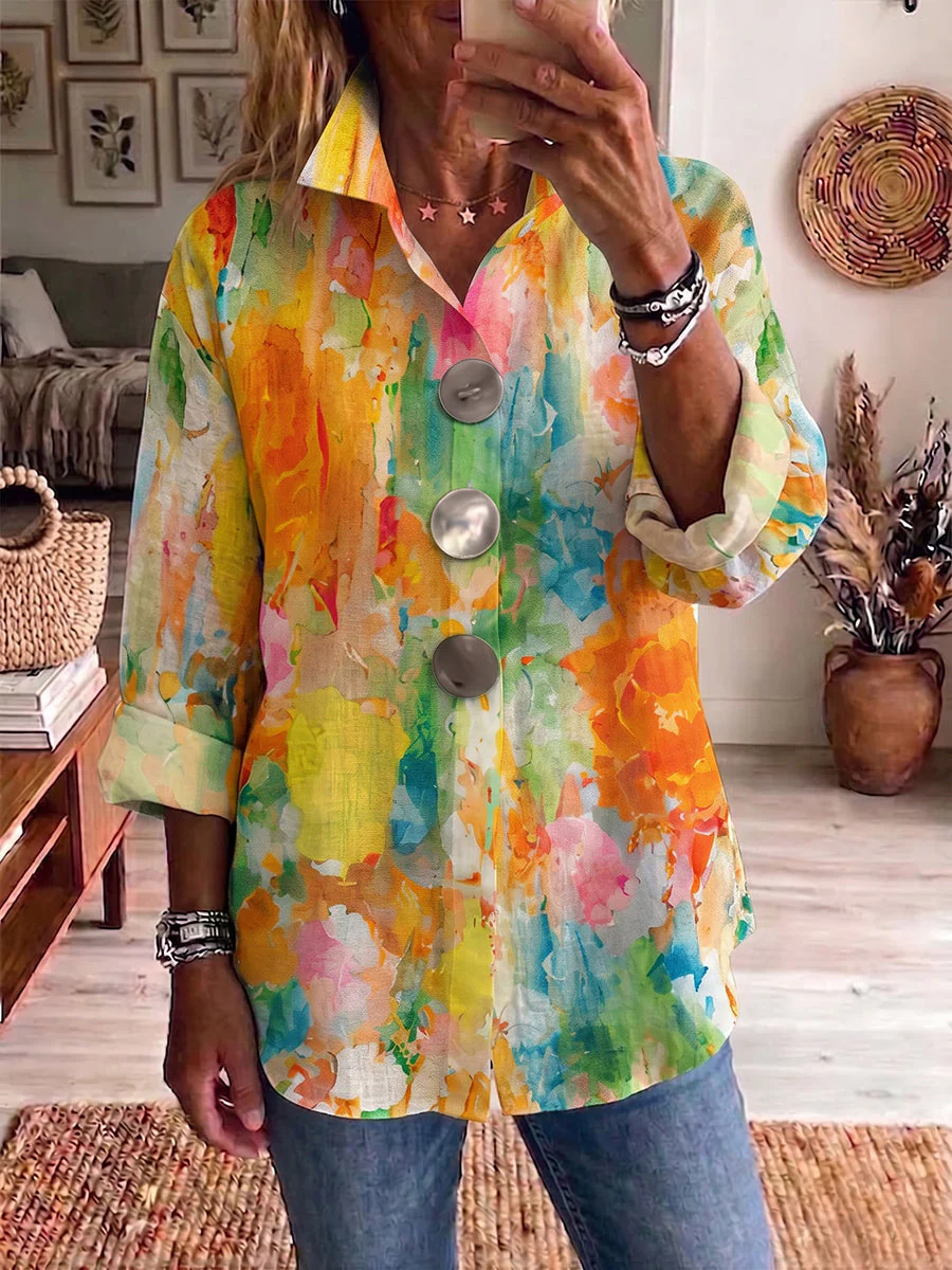 Metal-Button-Shirt mit künstlerischem Aquarell-Palette-Druck - Image 9