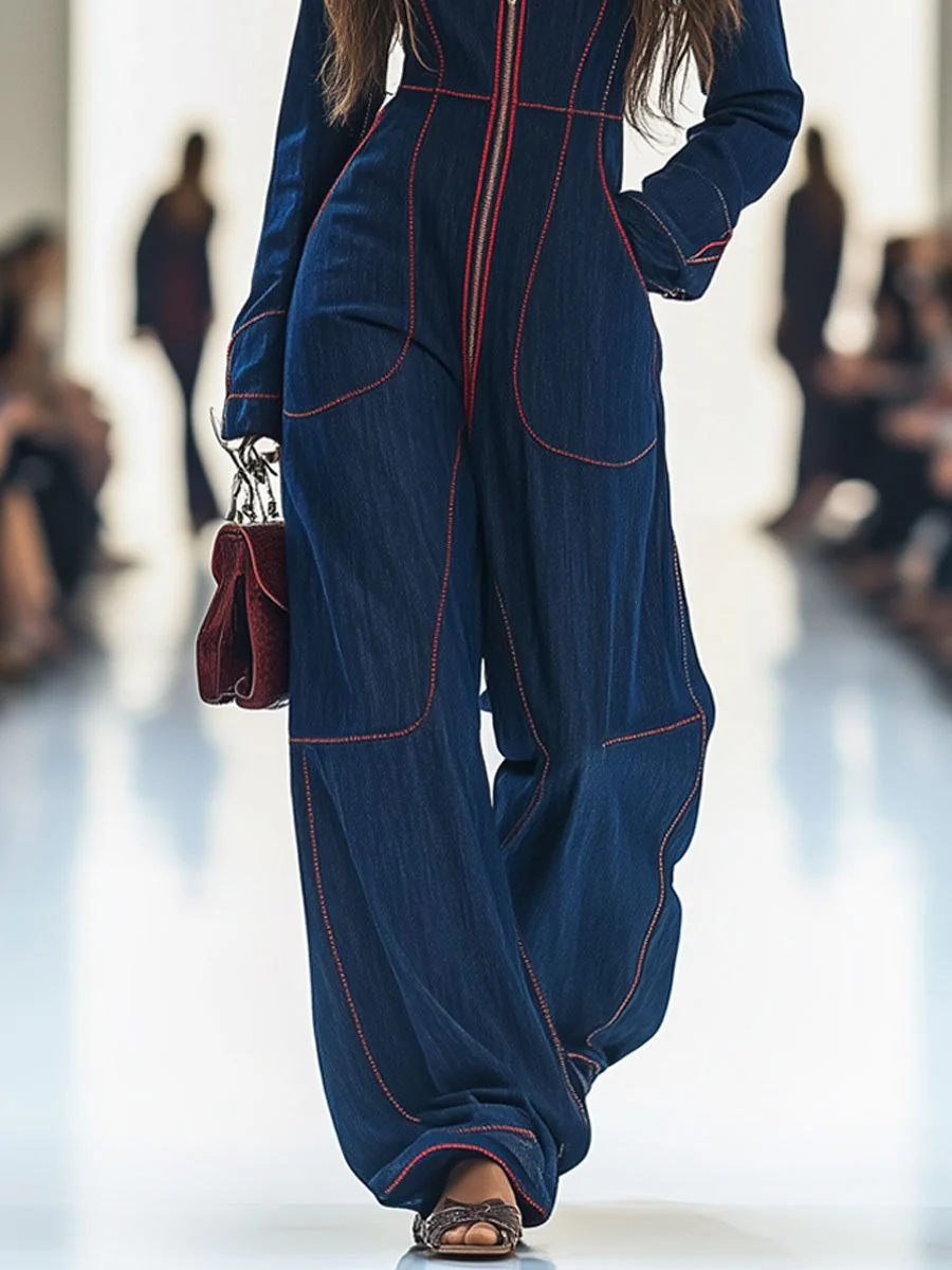 Nicole™ - Retro Roter Topstitch Denim Overall - Image 4