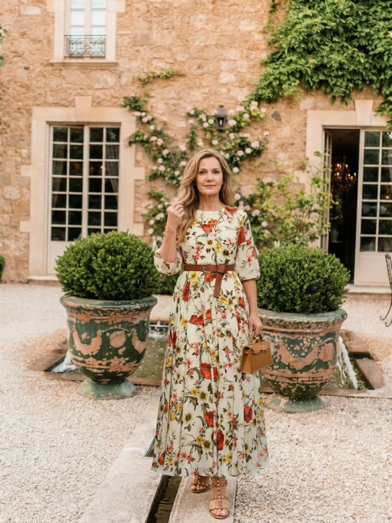 Odelia | Maxikleid mit Rundhalsausschnitt und drei Viertel Ärmeln, mit Gürtel - Image 4