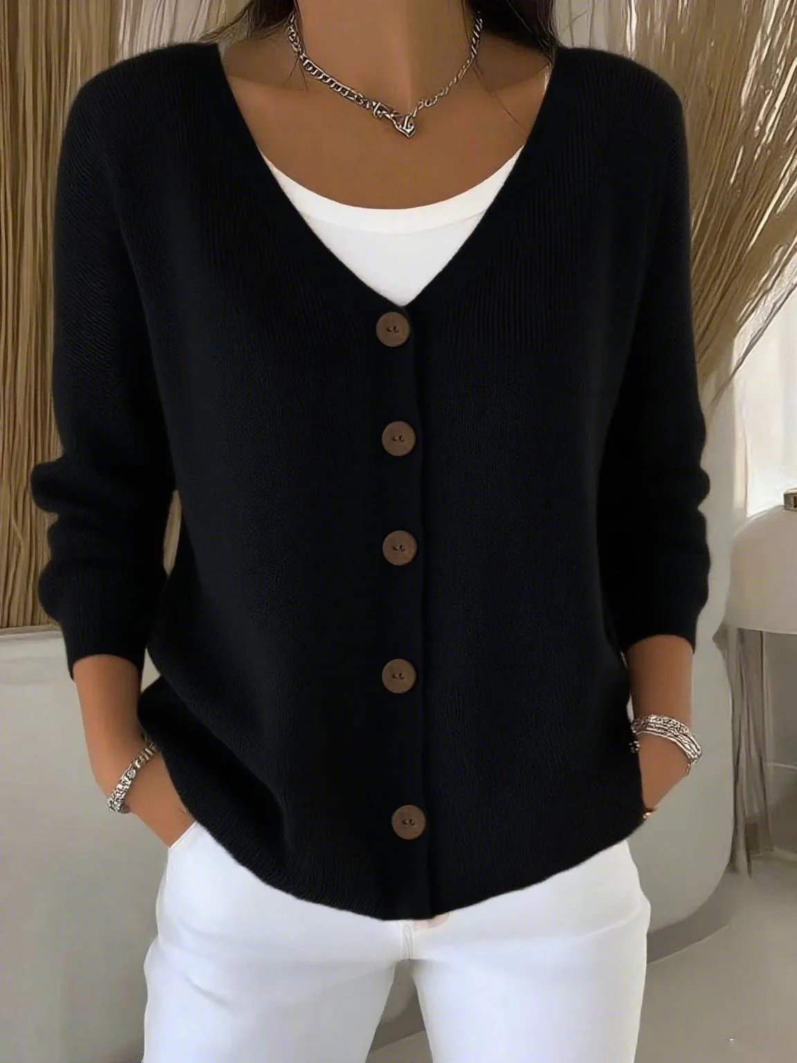 Olivia™ - Langarm V-Ausschnitt Knopf Pullover - Image 3