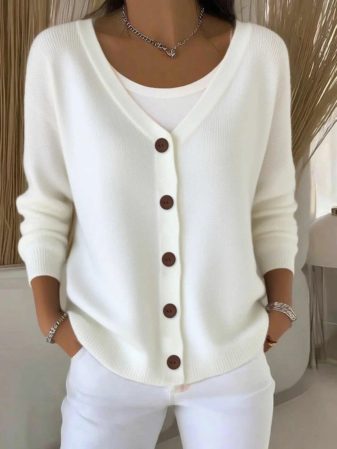 Olivia™ - Langarm V-Ausschnitt Knopf Pullover - Image 4
