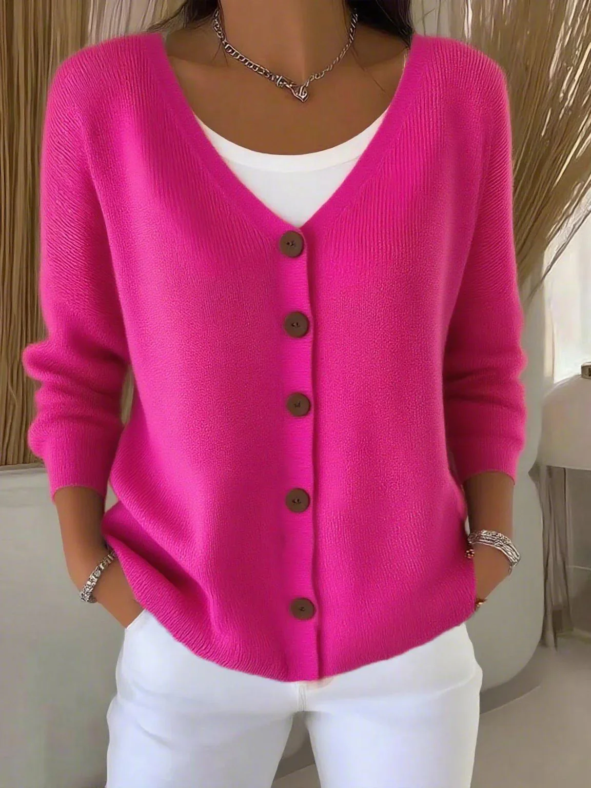 Olivia™ - Langarm V-Ausschnitt Knopf Pullover - Image 5