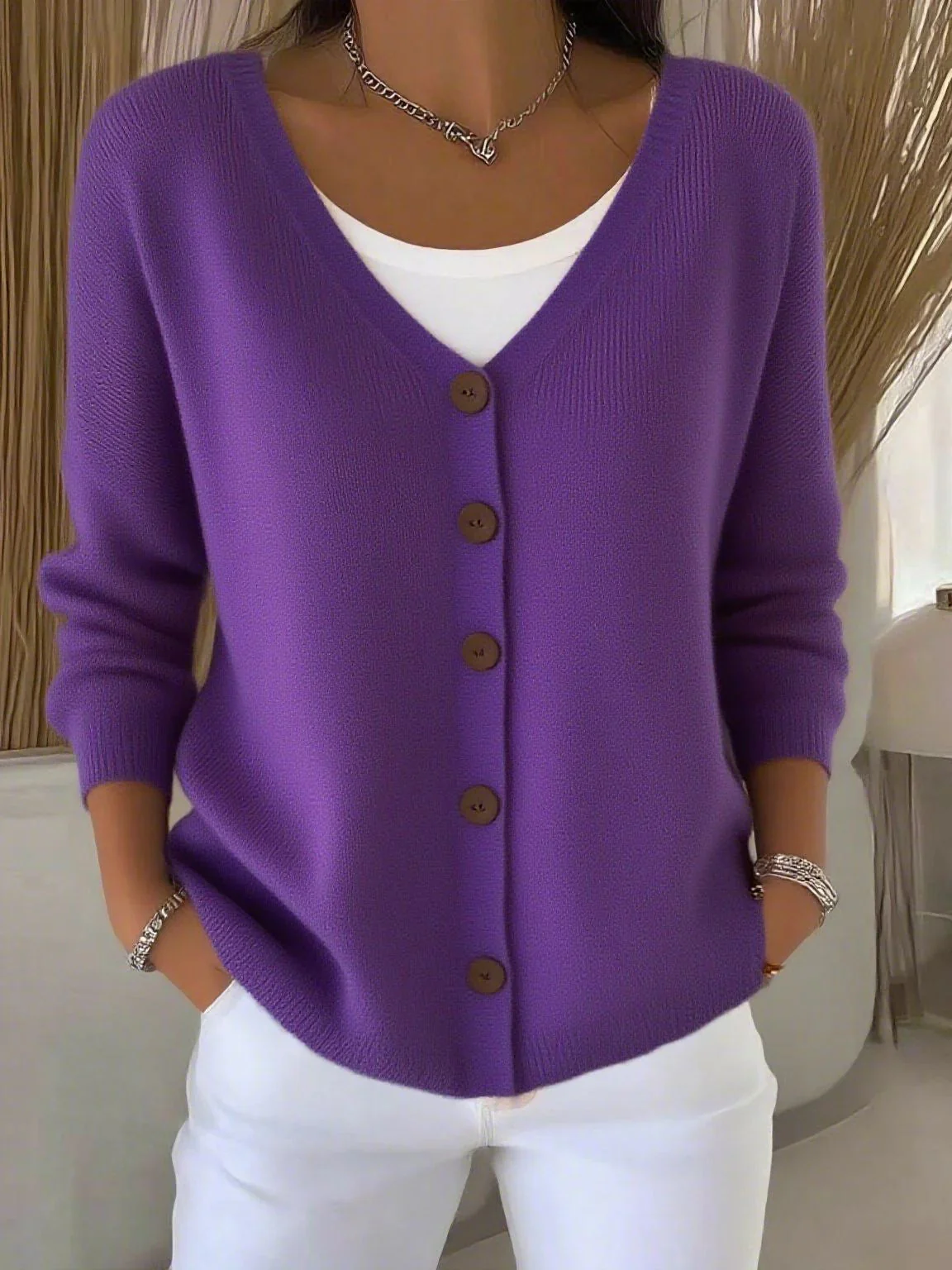 Olivia™ - Langarm V-Ausschnitt Knopf Pullover - Image 6