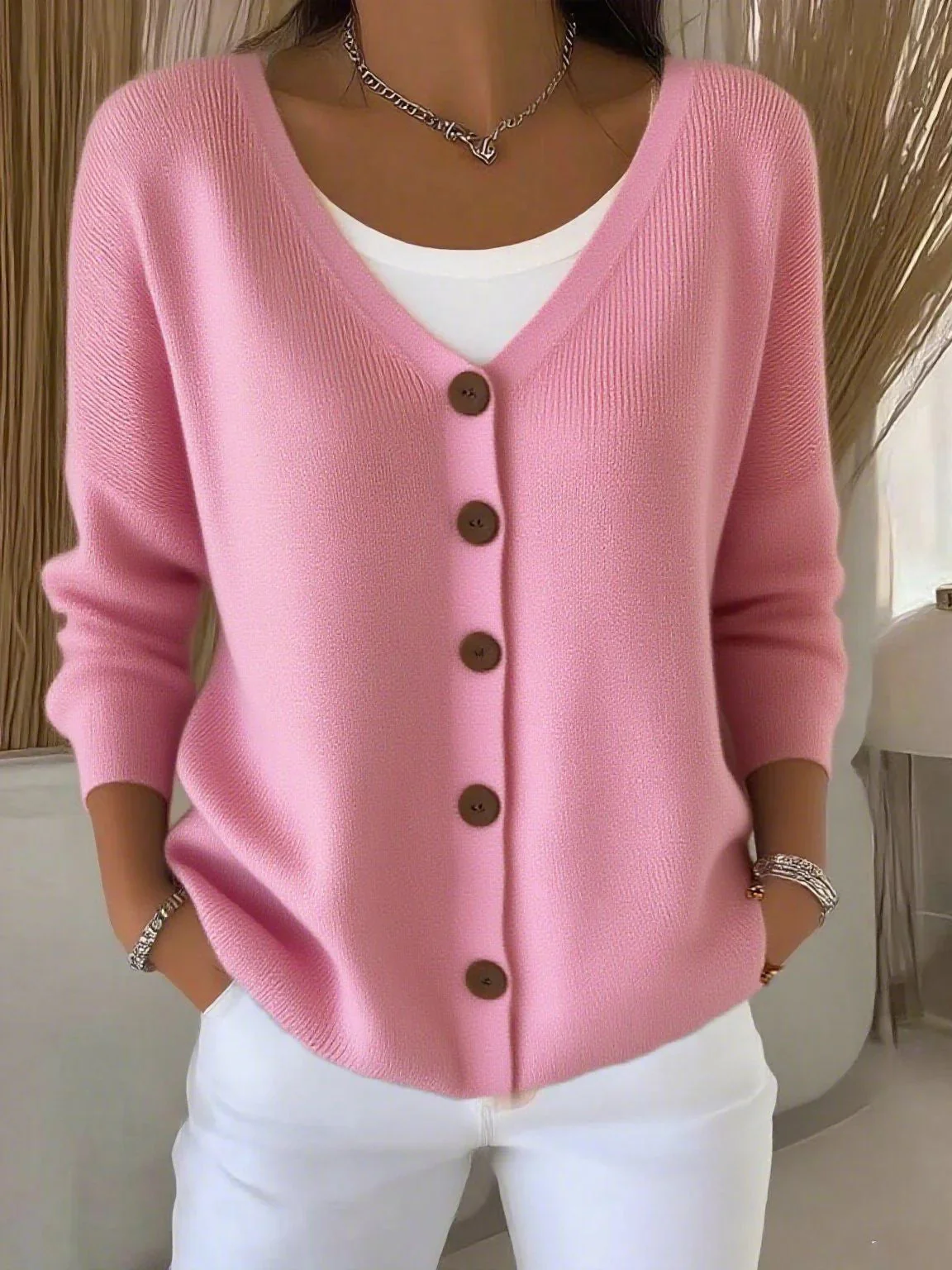 Olivia™ - Langarm V-Ausschnitt Knopf Pullover - Image 7