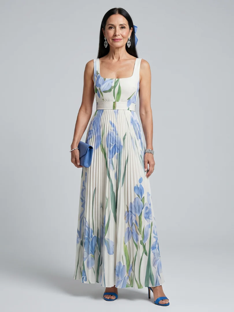 Ophelia | Ärmelloses Midi-Kleid mit quadratischem Ausschnitt und Blumenmuster