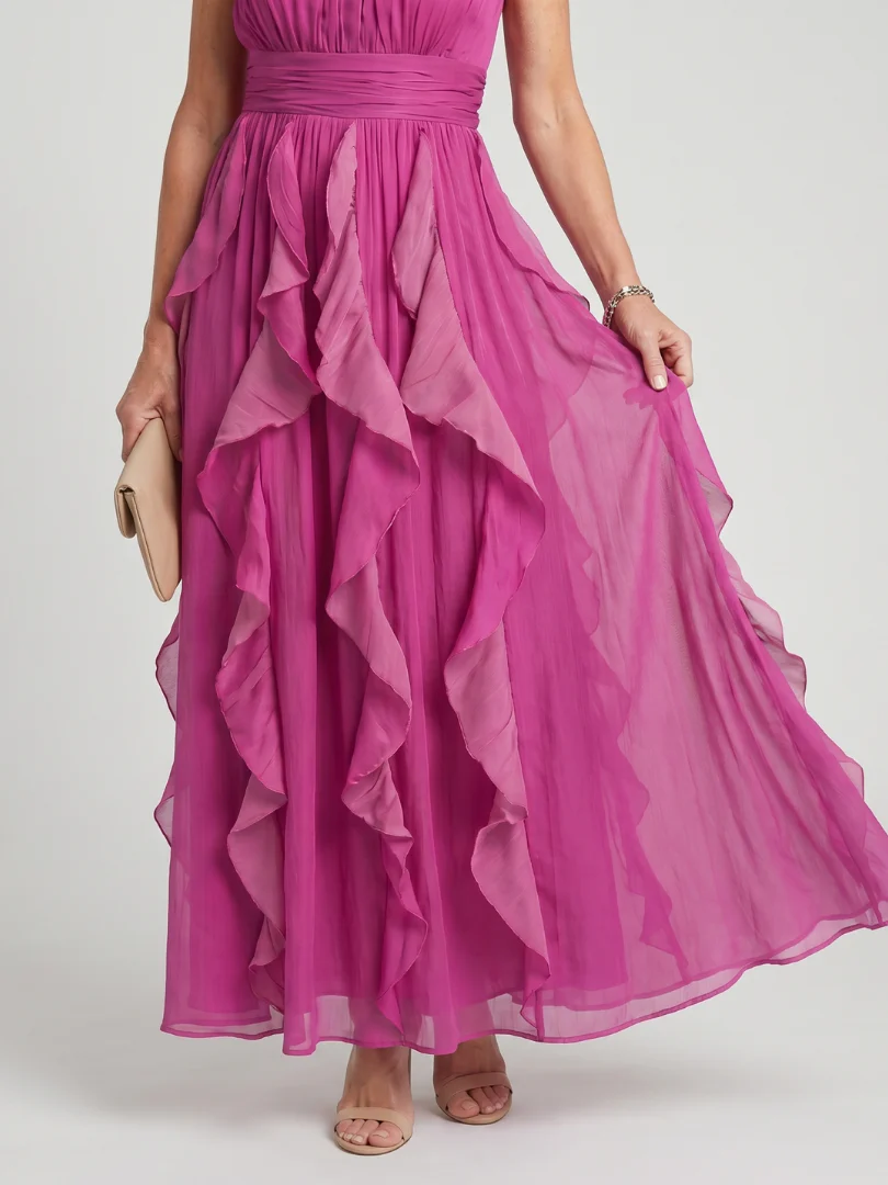 Orea | Maxikleid mit hohem Kragen und gerafften Rüschenschichten - Image 3