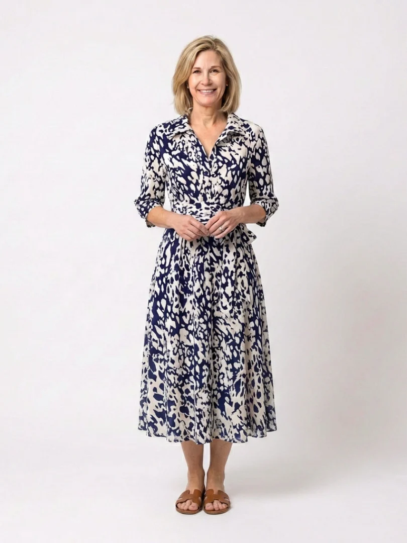 Oriana | Midi-Kleid mit Kragen, langen Ärmeln und Taillengürtel