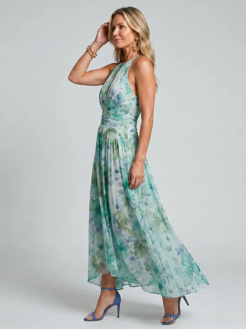 Portia | Plissiertes Halfter Kleid mit weichem Blumenmuster in Midi-Länge - Image 2