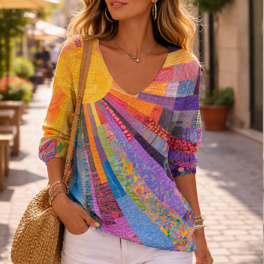 Retro Buntes Patchwork T-Shirt - Image 3