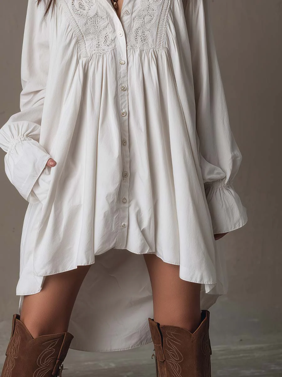 Retro-Stil Spitzen Unregelmäßiger Saum Langärmliges Mini-Kleid - Image 4