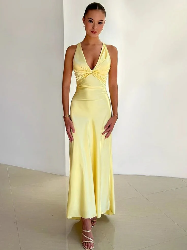 Rosalyn - V-Ausschnitt Satin Schleifen Rückenfreies Maxikleid