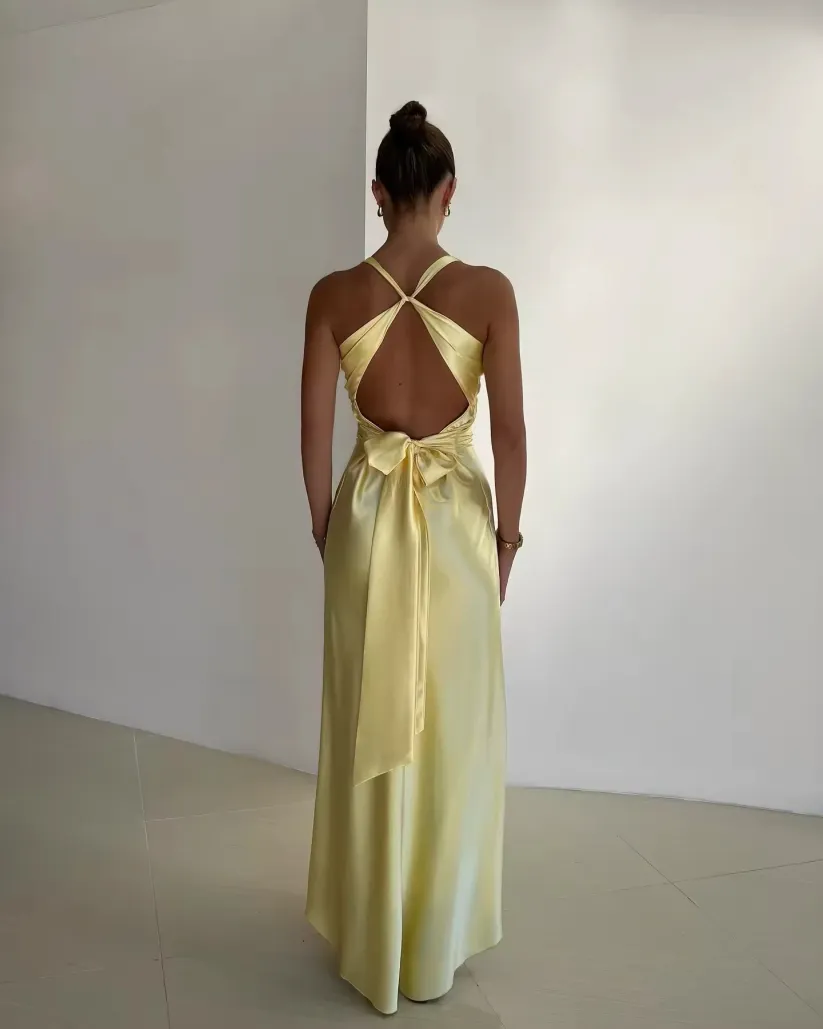 Rosalyn - V-Ausschnitt Satin Schleifen Rückenfreies Maxikleid - Image 2