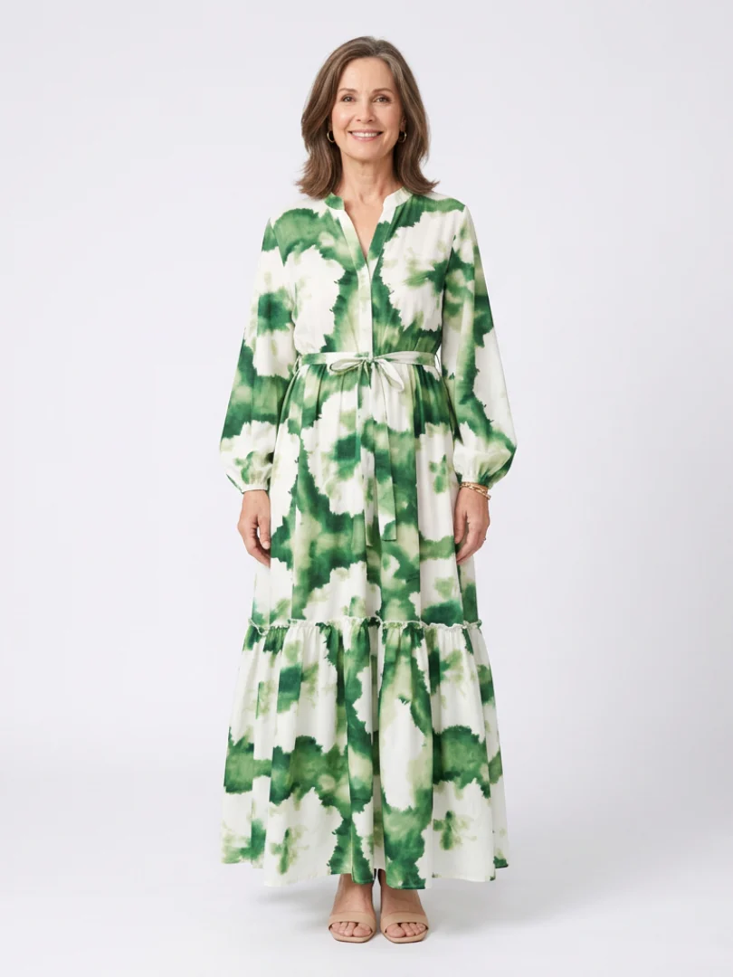 Sabine | Langärmliges Maxikleid mit Taillenknoten und Stufenrock