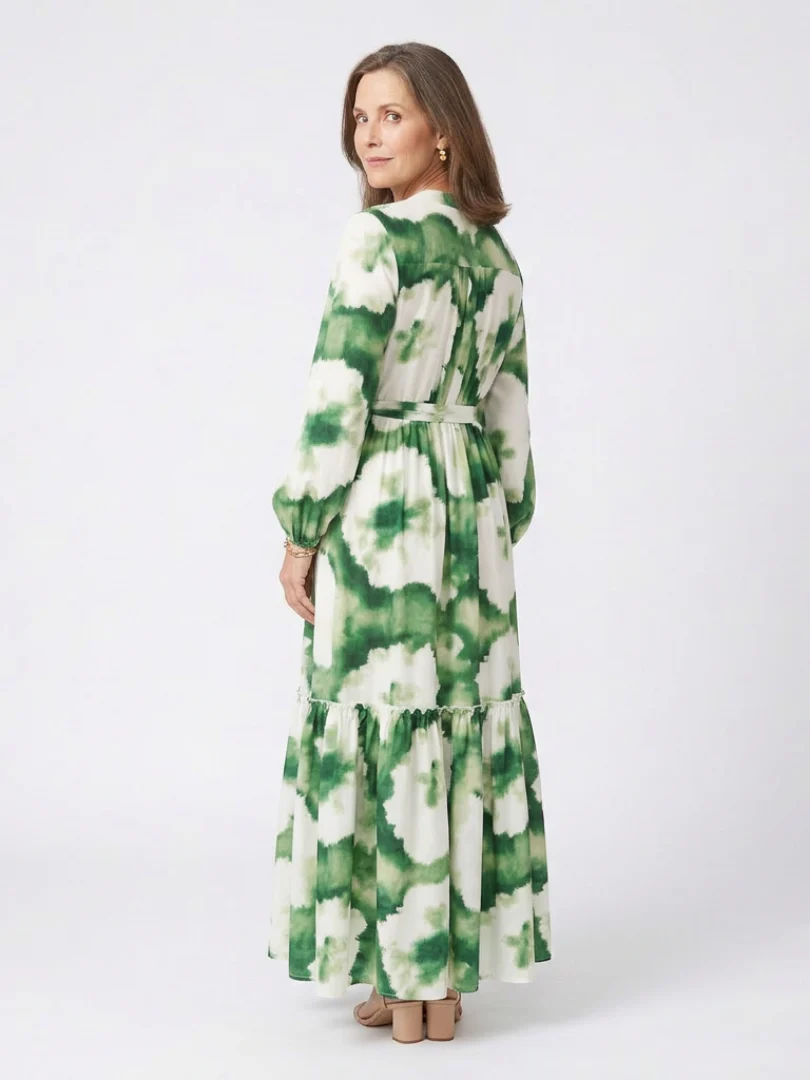 Sabine | Langärmliges Maxikleid mit Taillenknoten und Stufenrock - Image 2