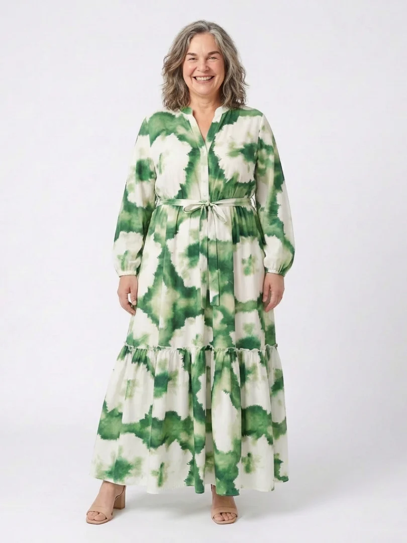 Sabine | Langärmliges Maxikleid mit Taillenknoten und Stufenrock - Image 4