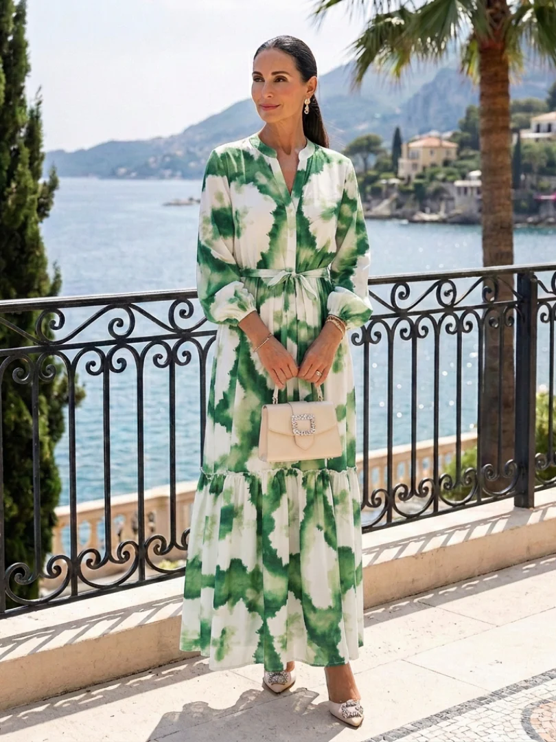 Sabine | Langärmliges Maxikleid mit Taillenknoten und Stufenrock - Image 5
