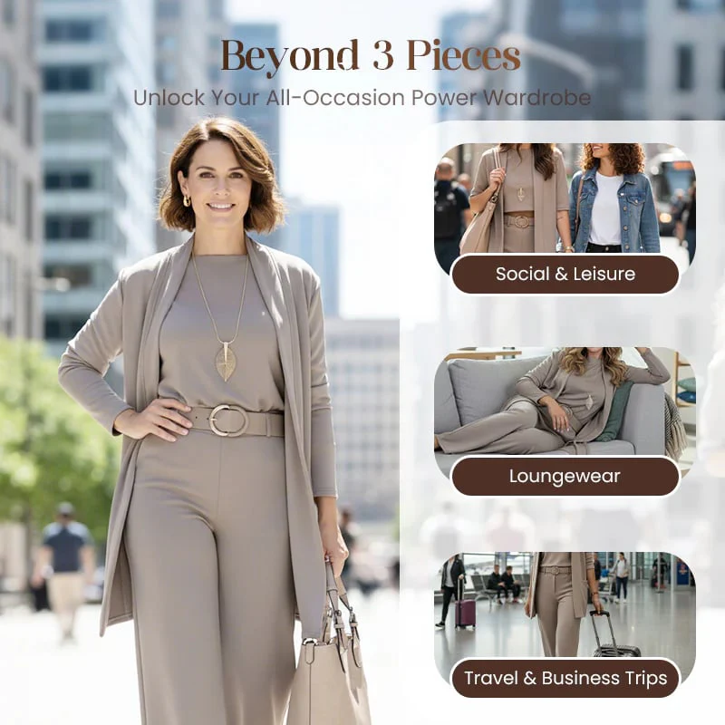 Schickes 3-teiliges Ensemble: Langer Cardigan, Top und Hose - Image 2