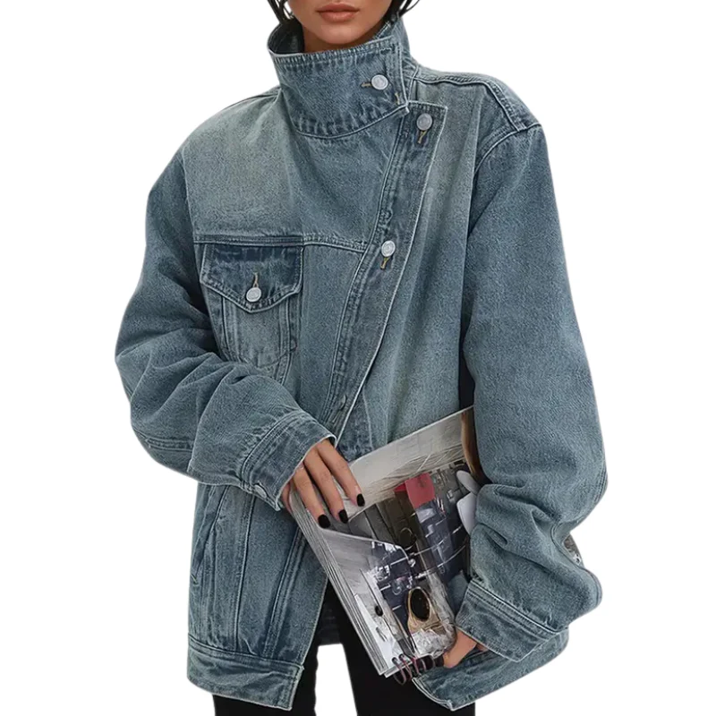 SKYE™ – Retro-inspirierte asymmetrische Jacke mit hohem Kragen und Vintage-Waschung