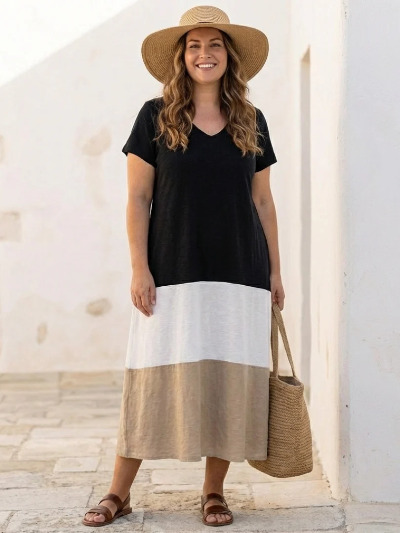 Thalia | Kurzarm Farbblock V-Ausschnitt Midi Kleid - Image 2