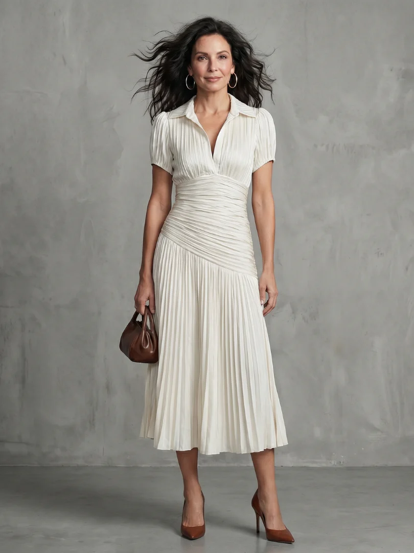 Theodora | Plissierter Taillenstreifen Midi-Kleid - Image 12