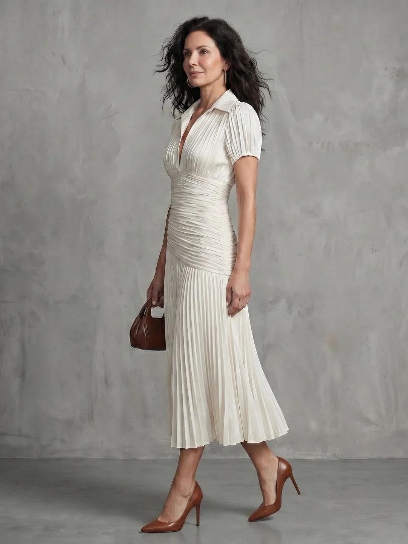 Theodora | Plissierter Taillenstreifen Midi-Kleid - Image 13